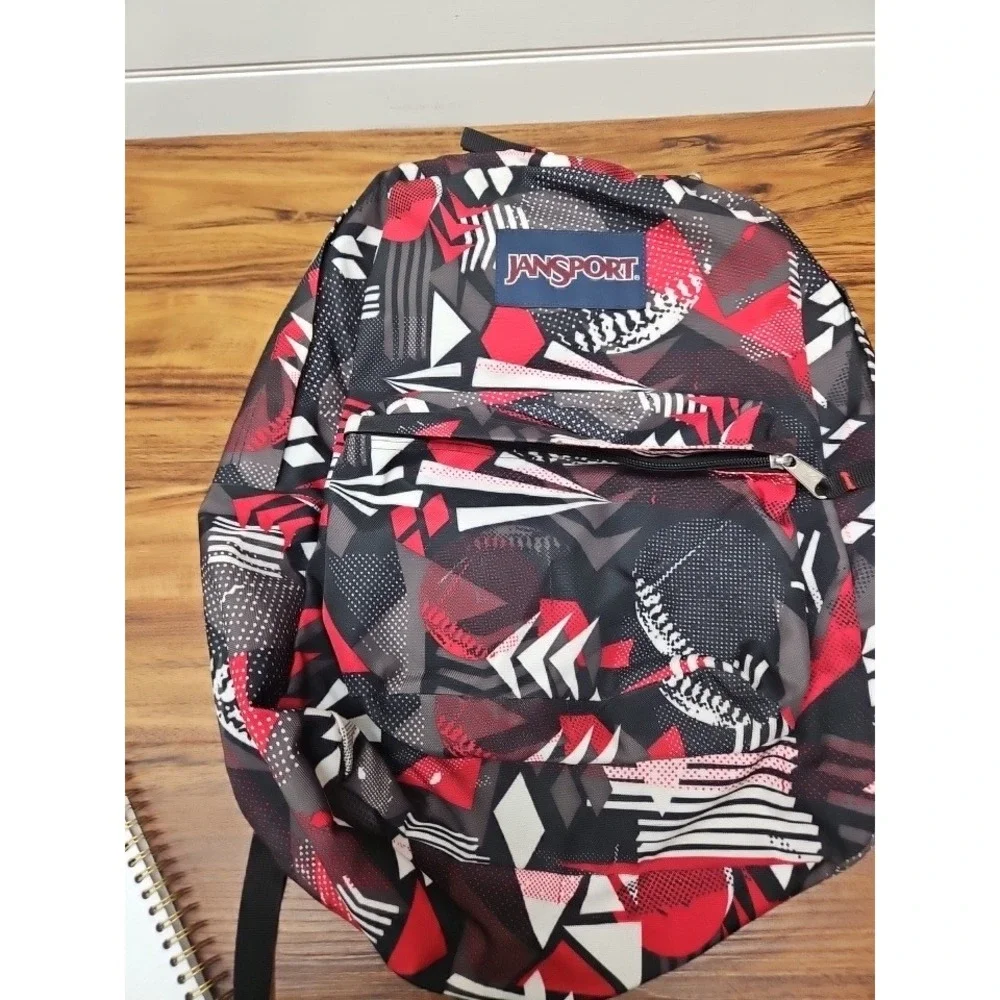 JanSport SuperBreak Backpack Red Black White Geometric Abstract Print Bag